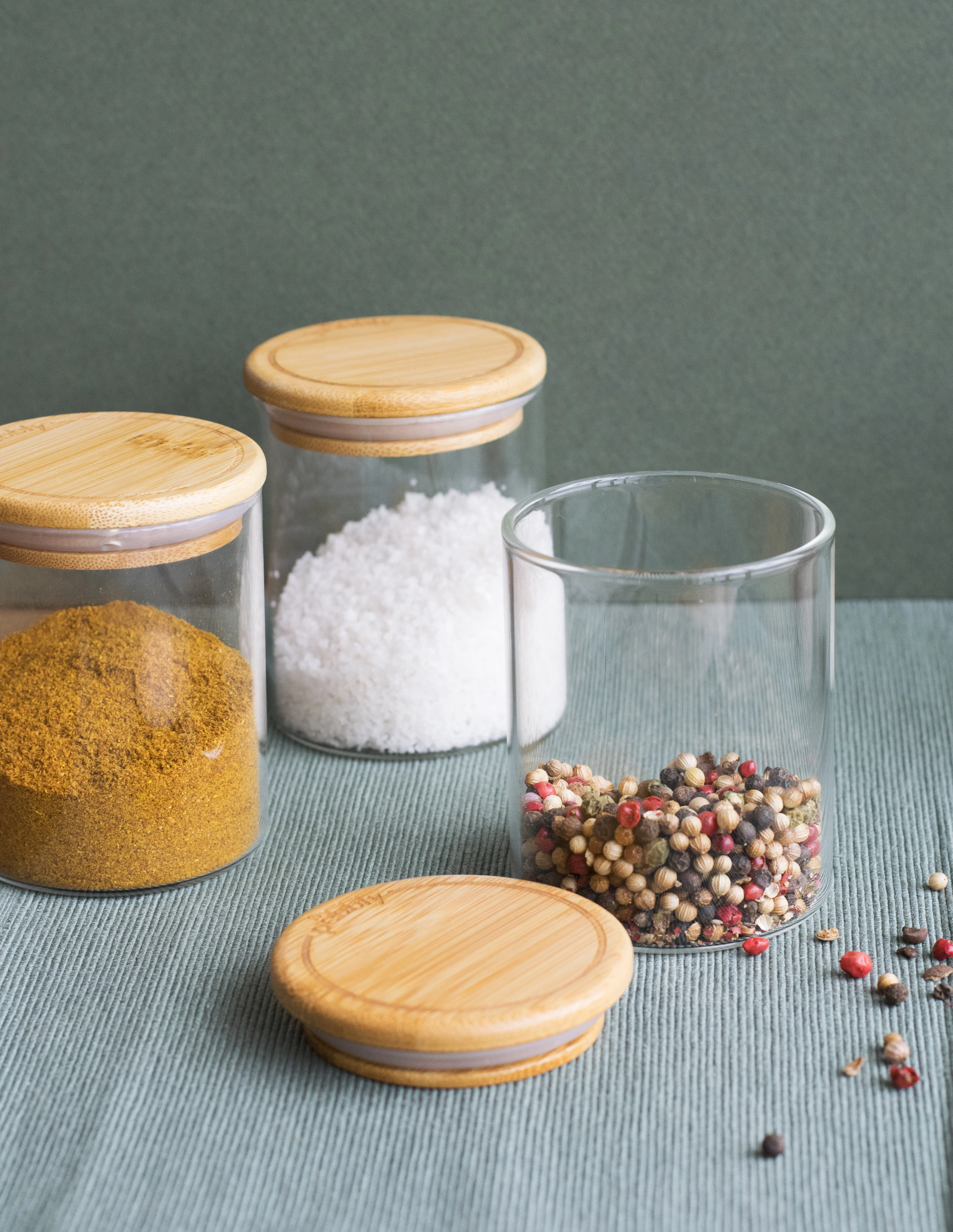Round Glass Spice Cannisters with Bamboo Lids 3-Pack - Image 3
